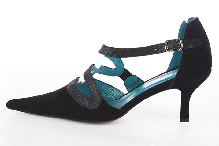 Matt black women's open side shoes, with snake-shaped straps. Pointed toe. High slim heel. Profile view - Florence KOOIJMAN
